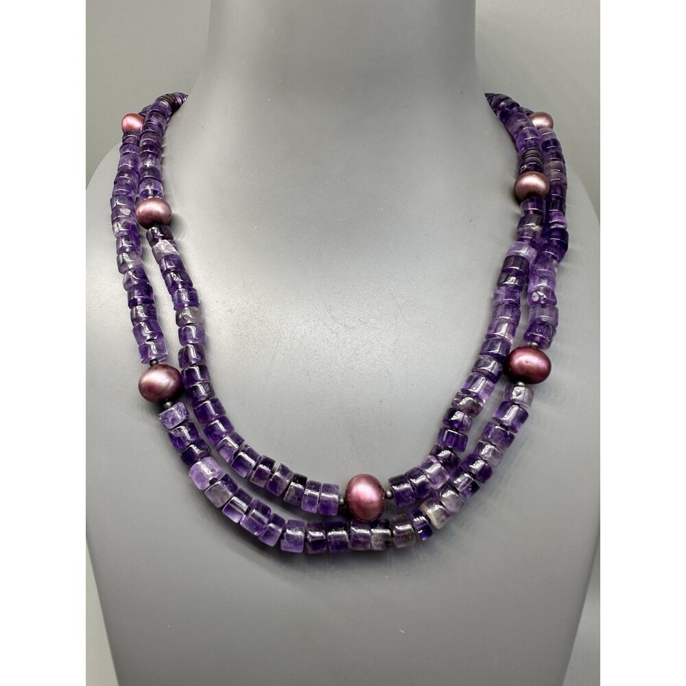 Purple Amethyst Heishi Bead & Pearl Knotted Necklace 925 Clasp 17.5”